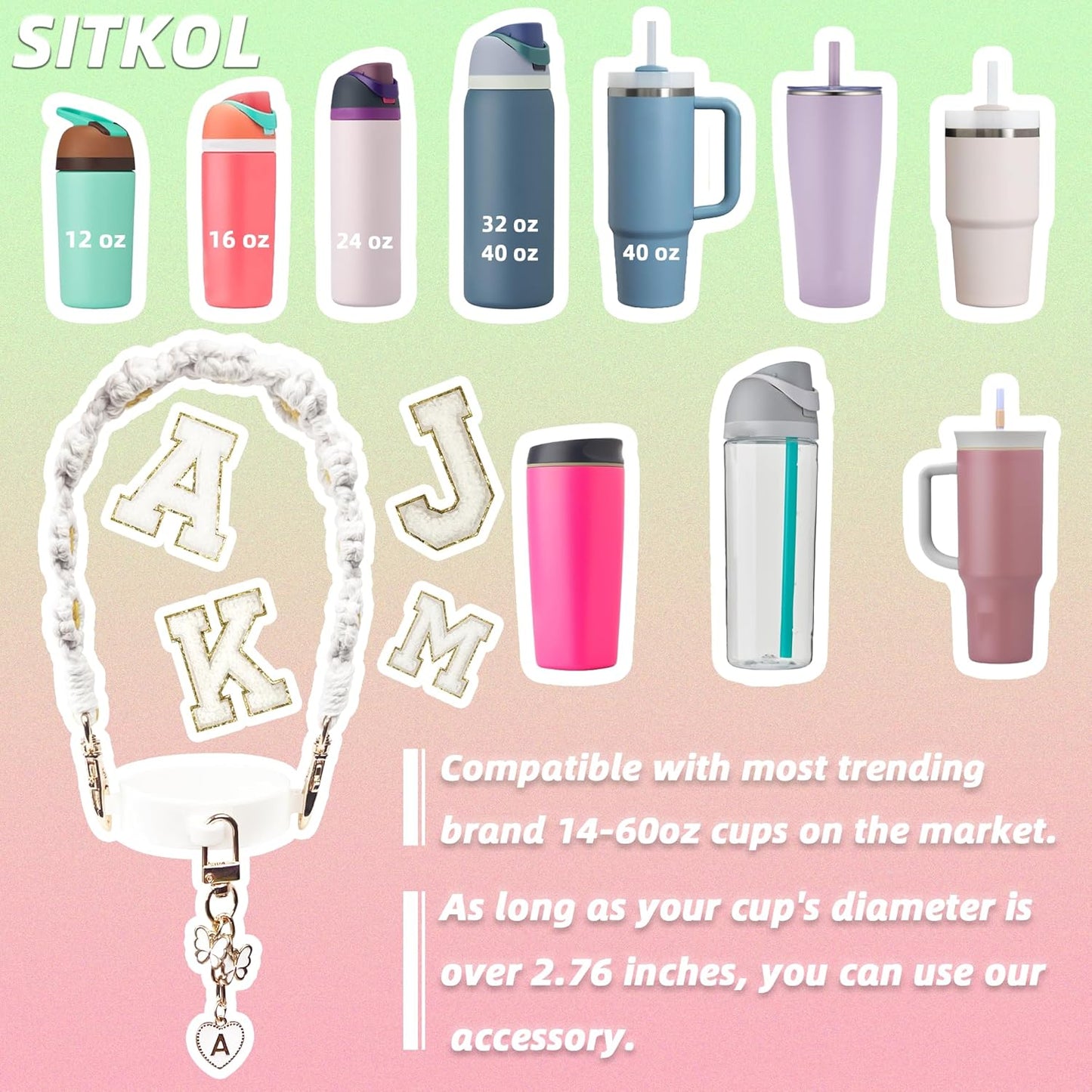 Cute Letter Charm Set Compatible with Owala Water Bottle 24 oz, 32 oz, 40 oz, Owala Kids, Owala Coffee Tumbler, Owala FreeSip – Includes Handle Strap, for Owala Accessories & Stanley Cup Accessories