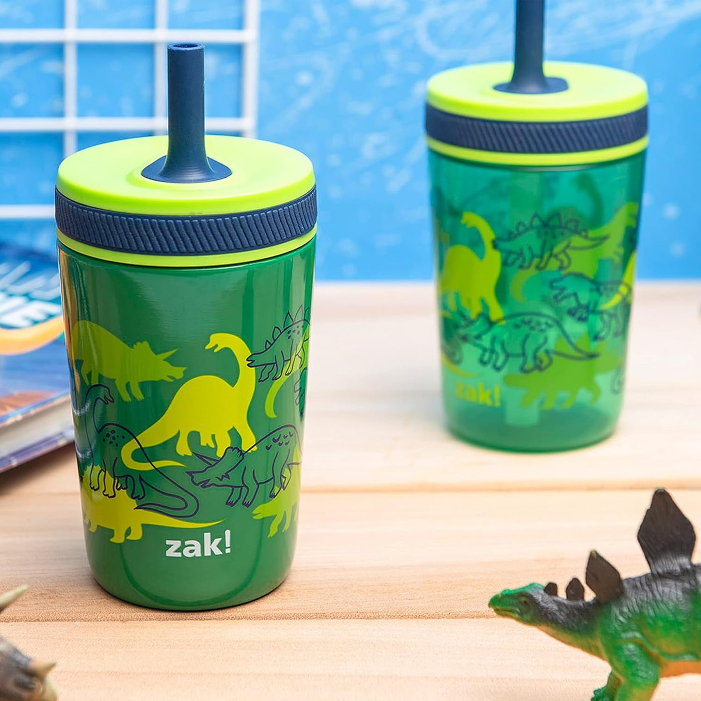 Zak Designs Dino Camo Kelso Tumbler 3pc Set, Leak-Proof Screw-On Lid with Straw, Bundle for Kids Includes Plastic and Stainless Steel Cups with Additional Sipper