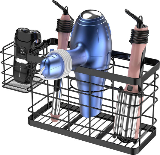 Hair Tool Organizer - Black Steel Wall Mounted Hair Dryer Holder with Removable Basket, 10.62"L x 4.33"W x 6.69"H, Ideal for Small Bathrooms