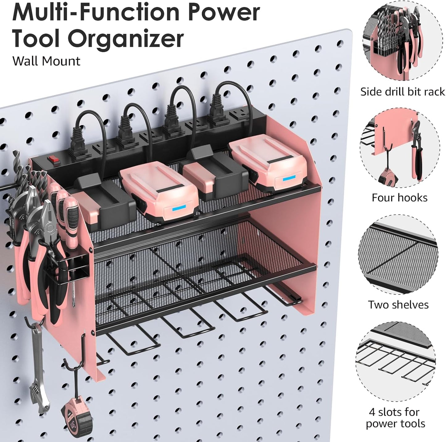 CCCEI Modular Power Tool Organizer Wall Mount with Charging Station. Garage Drill Storage Shelf with Hooks, Heavy Duty Rack, Tool Battery Holder Built in 8 Outlet. Gift for Men. Pink, 1 Pack.