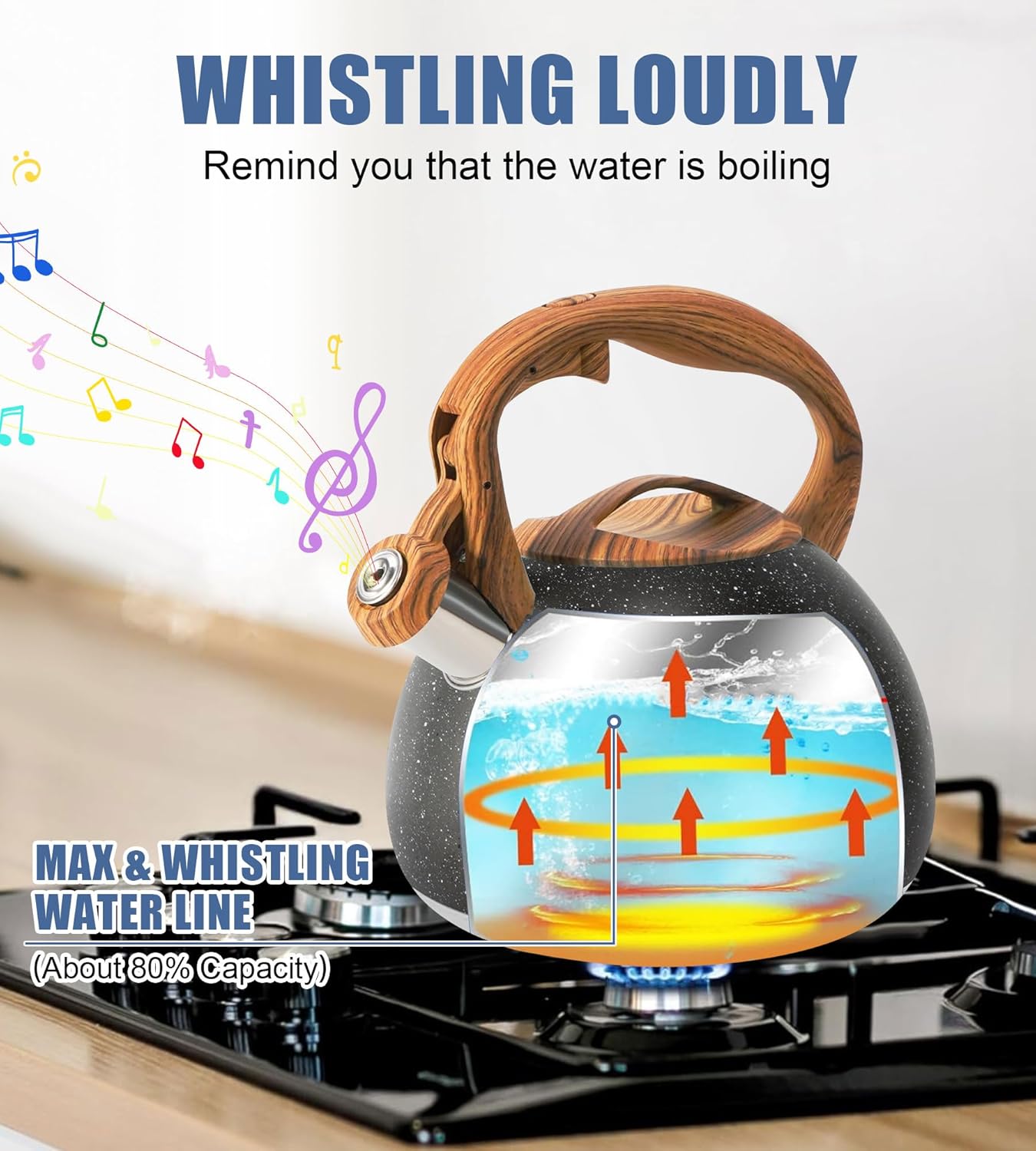 Whistling Tea Kettle Stovetop, Tea Pots for Stove Top Food Grade Stainless Steel with Wood Pattern Handle, 3.2Quart (Black)