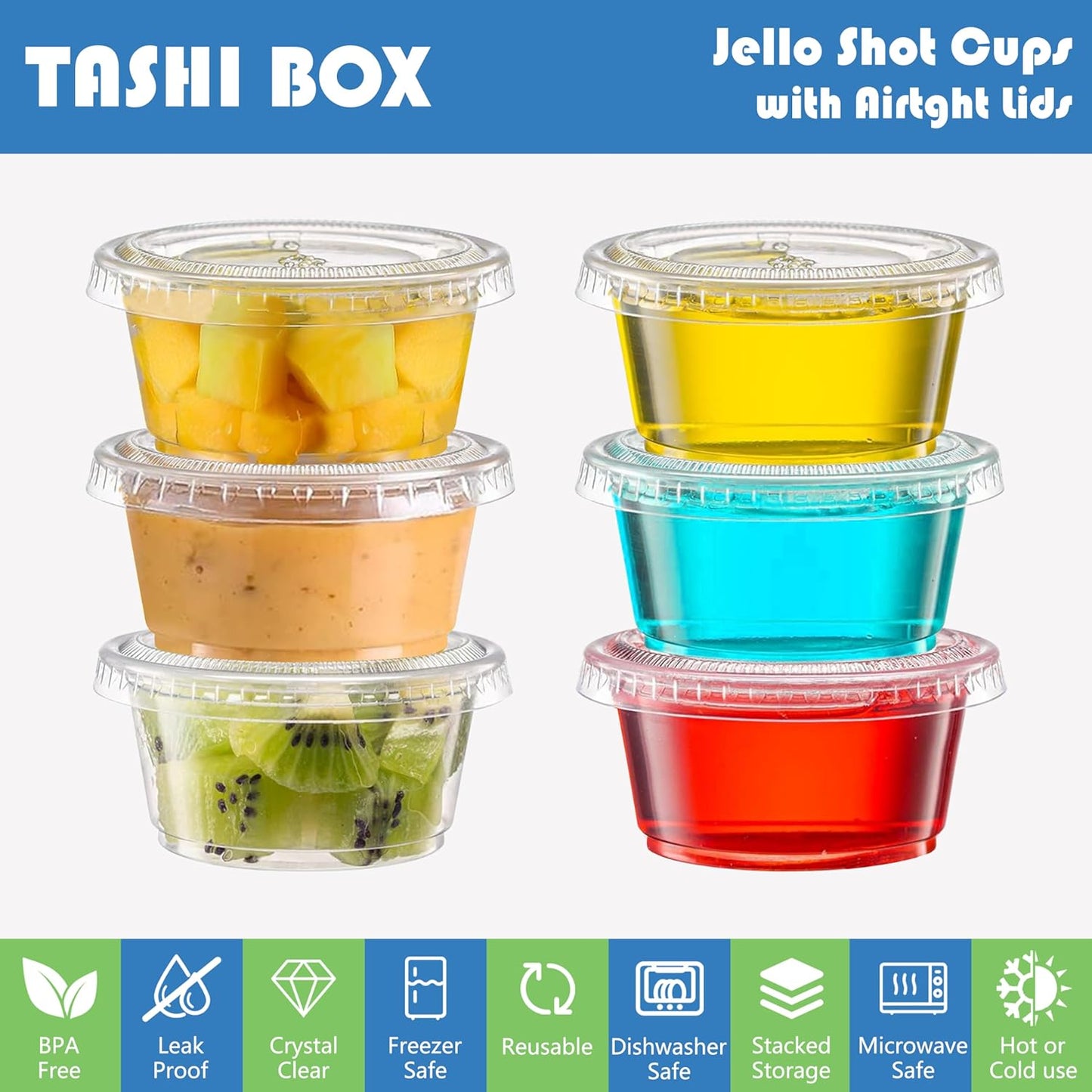 TashiBox Plastic Portion Cups with Lids [2 Ounce, 200 Sets] Disposable Plastic Cups for Meal Prep, Salad Dressing, Jellos Shot Cups, Souffle Cups, Condiment & Dipping Sauce Cups