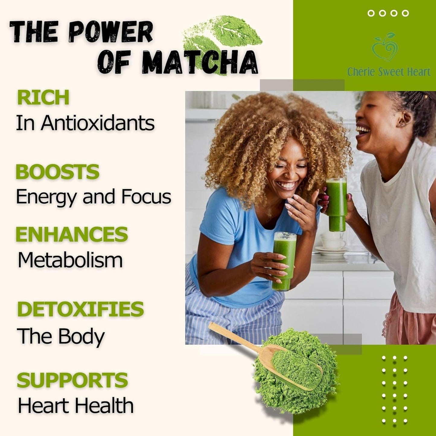 Cherie Sweet Heart Organic Matcha Green Tea Powder - Premium Culinary Grade, Authentic Japanese Origin, Antioxidant-Rich, Gluten-Free, Vegan – Perfect for Lattes, Cooking, Baking & Smoothies – 16oz Resealable Bag