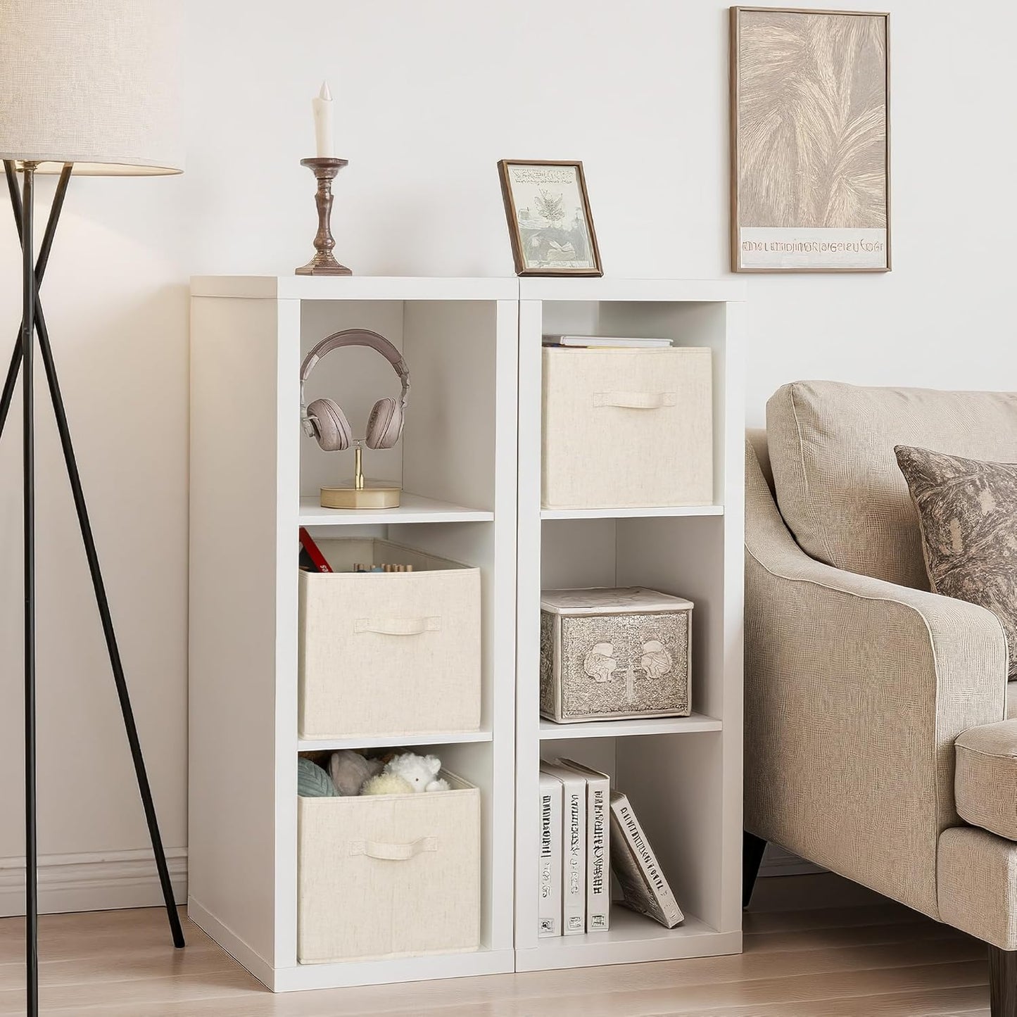 StorageWorks Storage Baskets for Shelves, Foldable Fabric Closet Storage Bins with Handles, Fabric Storage Bins Clothes Organizer, Beige(Cotton-linen), 3-Pack, Extra Large