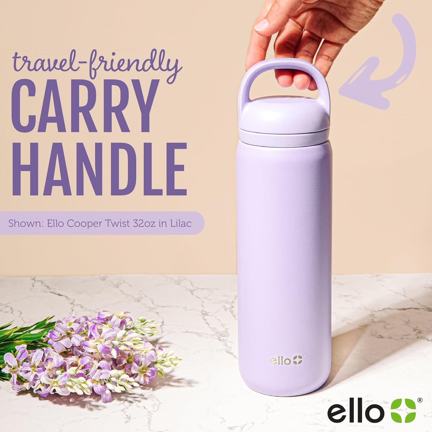 Ello Cooper Twist 40oz Stainless Steel Water Bottle with Chug Lid | Leak Proof | Double Walled and Vacuum Insulated | Built in Carry Loop | Dishwasher Safe | White Marble