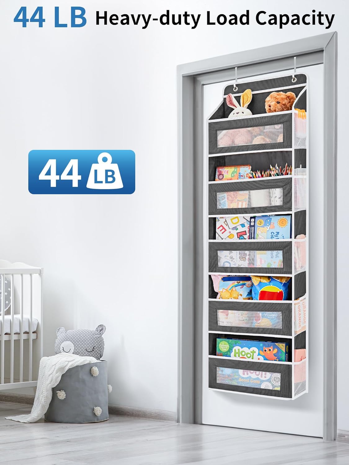 JARLINK 2 Pack Over The Door Organizer Storage, 5 Shelf Hanging Door Organizer with 5 Large Capacity Pockets, Anti Tilt 44 lb Load Behind Door Storage for Bedroom, Bathroom, Pantry, Nursery, (Black)