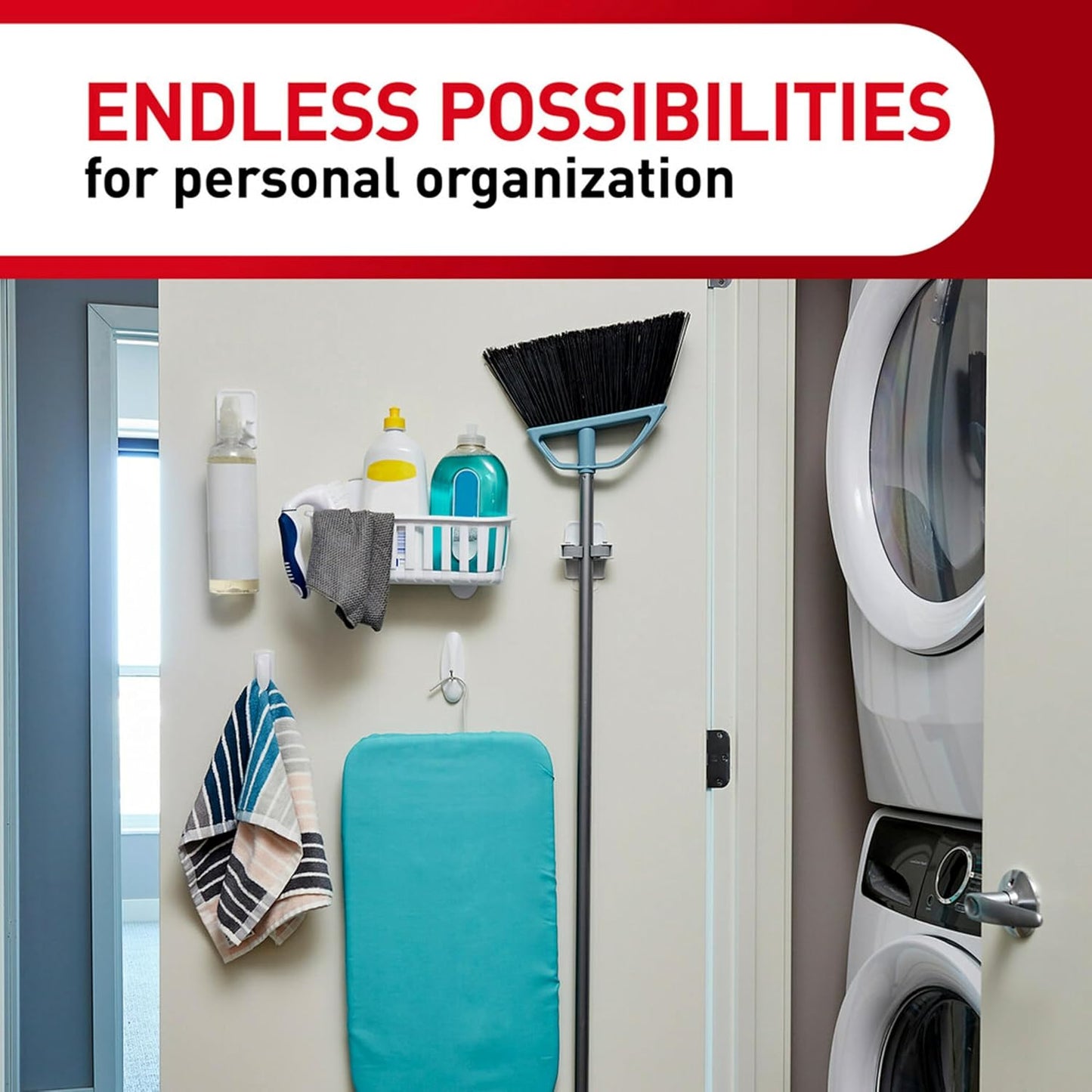 Command Broom and Mop Grippers, 3 Hangers and 6 Command Strips, Damage-Free Hanging Wall Mount Broom and Mop Holder, Household Cleaning Organizer for Christmas Decorations, Holds up to 4 lb