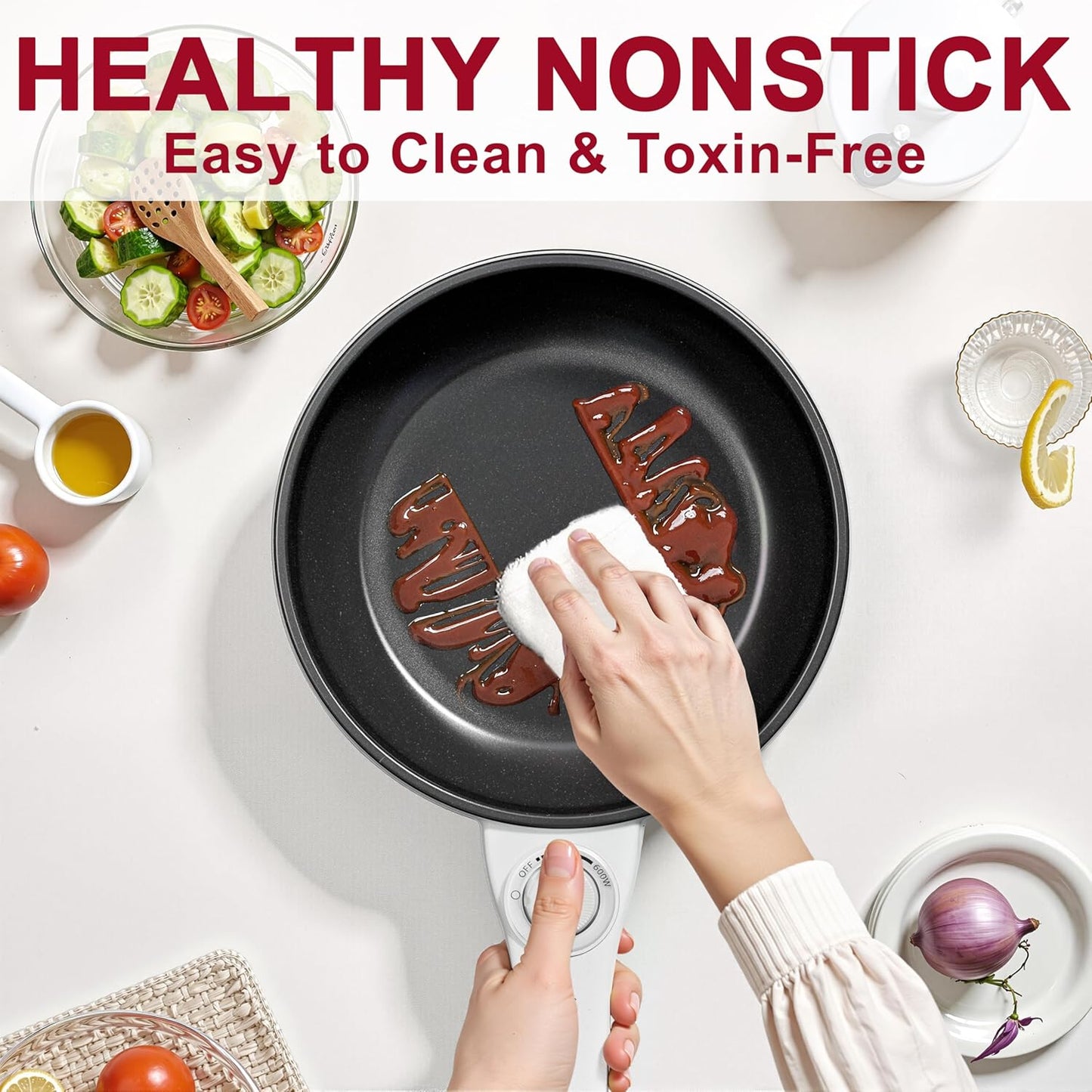 Dezin Hot Pot Electric Upgraded, Non-Stick Sauté Pan, Rapid Noodles Electric Pot, 1.5L Mini Portable Hot Pot for Steak, Egg, Fried Rice, Ramen, Oatmeal, Soup with Power Adjustment