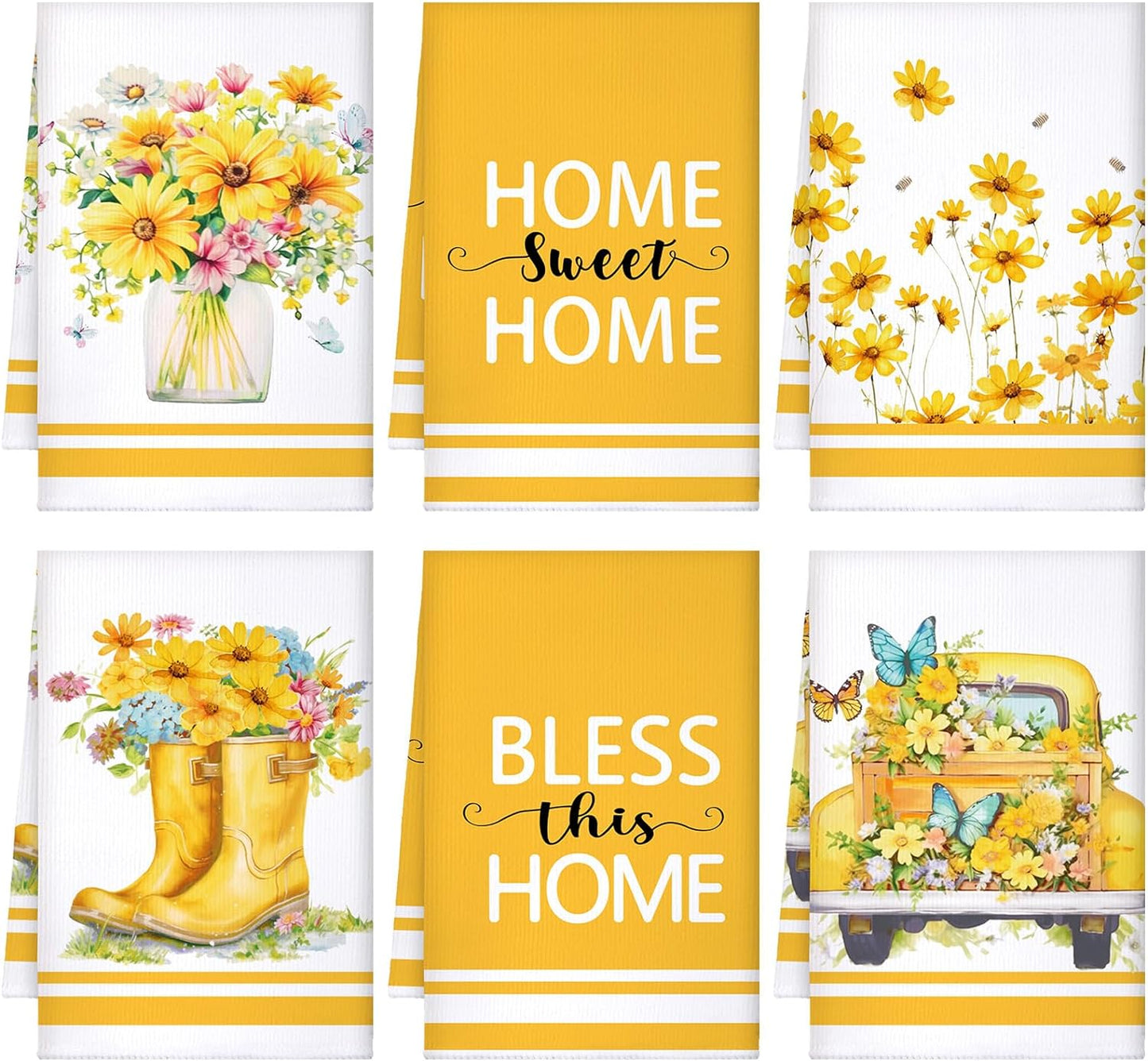 Boyiee Set of 6 Yellow Flower Kitchen Towels Decorative Floral Tea Towels Absorbent Home Dish Towels 24 x 16 Inch Truck Reusable Hand Towel Housewarming Gift for Farmhouse Kitchen Bathroom Decoration
