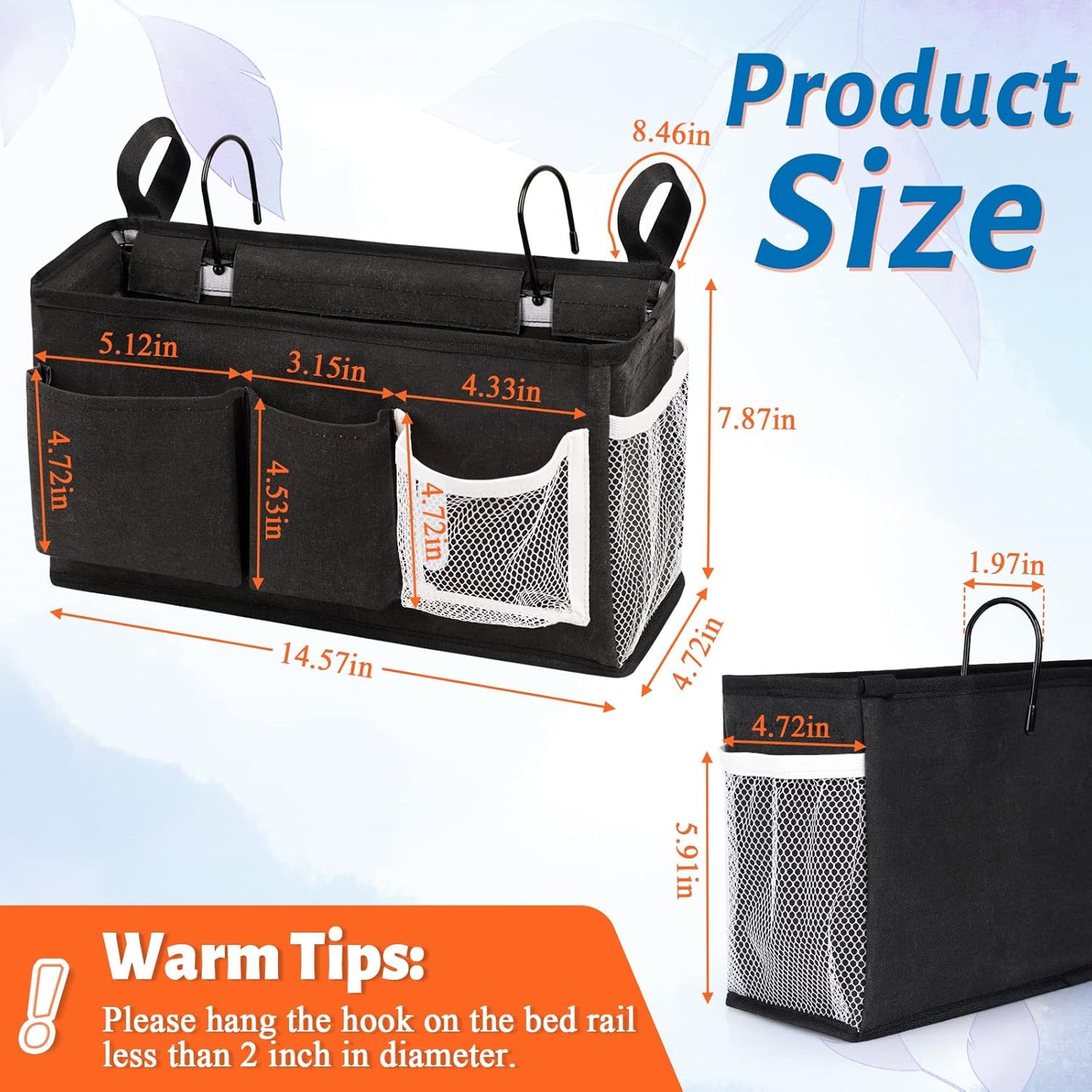 Loghot Bedside Caddy/Bedside Storage Bag Hanging Organizer for Bunk and Hospital Beds,Dorm Rooms Bed Rails,Can be Placed Glasses,Books,Mobile Phones,Keys (New Black-1)