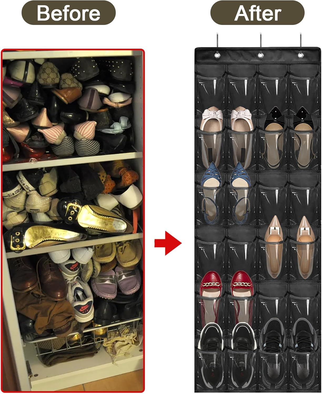Over The Door Shoe Organizer - Space Saving Shoe Rack for Closet Door with 24 Pockets and Hook, Shoe Holder Back of Door Organizers for Shoes, Hanging Shoe Organizer (Black)