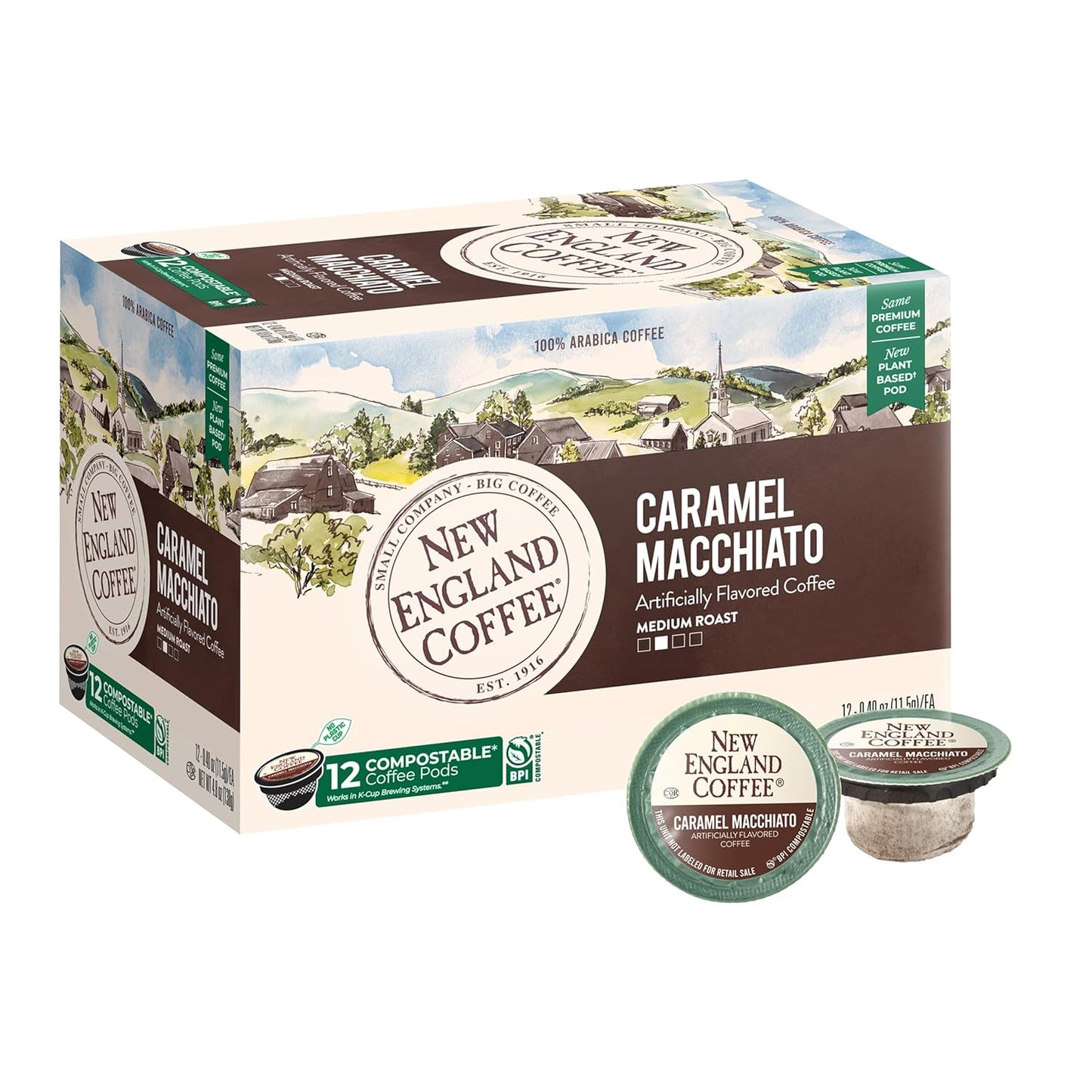New England Coffee Caramel Macchiato Medium Roast Single Serve Pods, 12ct Box (Pack of 1)