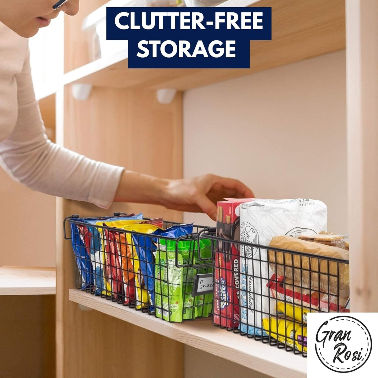 Granrosi Stackable Large Wire Baskets for Organizing — Set of 2 Snack & Chips Organizer for Pantry; Wire Storage Baskets with Handles; Large Bronze Chip Storage for Pantry