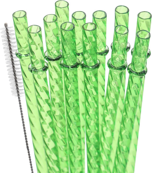 Dakoufish 12 Inch Reusable Clear Plastic Swirl Drinking Straws for 30 oz & 40 oz Jars/Tumblers,Set of 12 Pcs Replacement Crystal Green Straws with Cleaning Brush (12inch,Green)