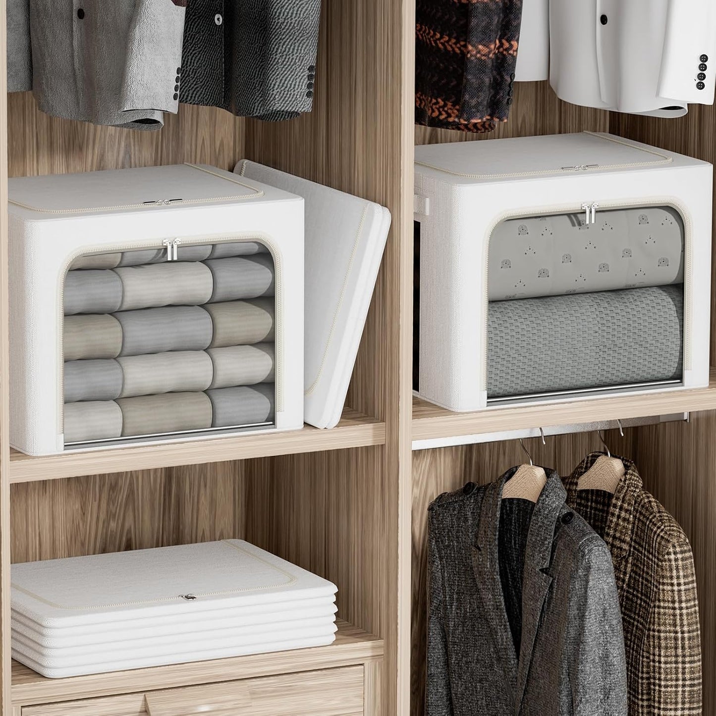 FHSQX 2 Pack Clear Window Storage Bins - Large Stackable Linen Fabric Storage for Clothes Foldable Container Organizer Set with Carrying Handles (Lvory White, 15.7x 11.8x 11.7 Inch)