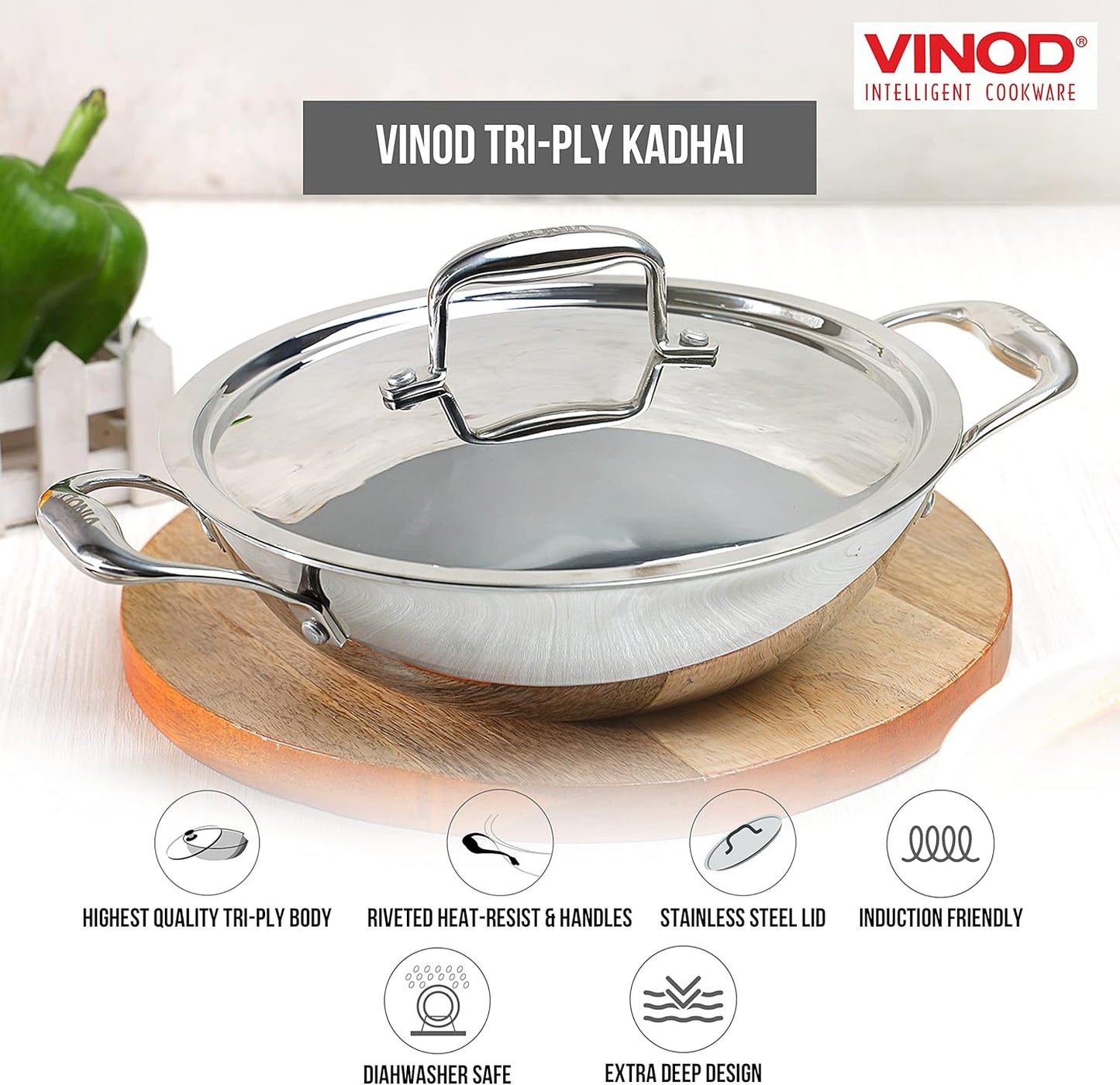Vinod Platinum Triply Stainless Steel Kadai | Suitable For Indian Cooking, Sauces, Stews, Soups | Extra Deep Kadai With Lid | Induction, Electric Friendly (22cm)