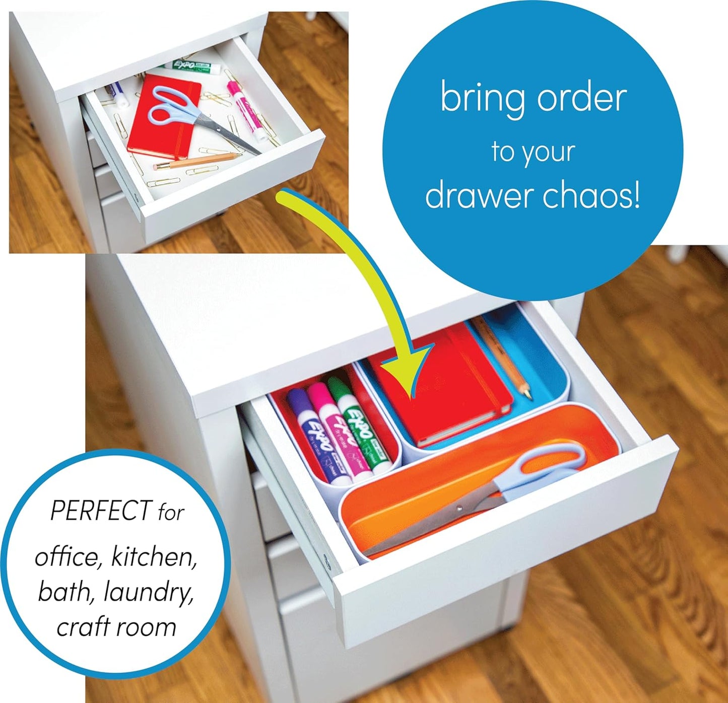 Three by Three Seattle 3 Piece Shallow Metal Organizer Tray Set for Storing Makeup, Stationery, Utensils, and More in Office Desk, Kitchen and Bathroom Drawers (1 Inch, Red Dots and Stripes)