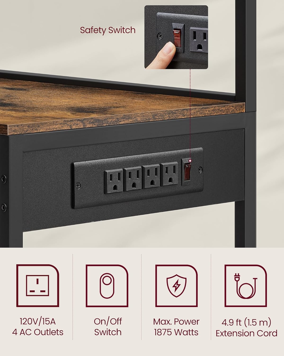 VASAGLE Bakers Rack with Power Outlet, 35.4 Inches Microwave Stand, Coffee Bar, 4 AC Outlets, with Adjustable Shelves, 8 S-Hooks, Basket, Spice Racks, Rustic Brown and Ink Black UKKS031K01