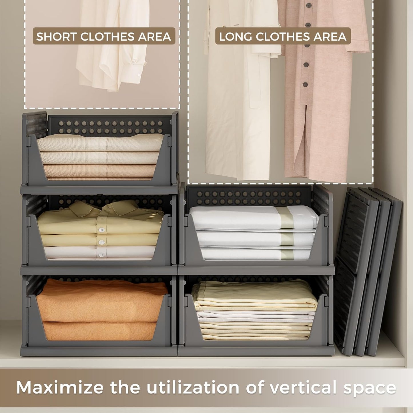 Pinkpum 8 Pack Closet Organizers and Storage Plastic Stackable Storage Bins, Foldable Drawer Shelf Storage Container for Wardrobe Kitchen Bathroom Dorm Black