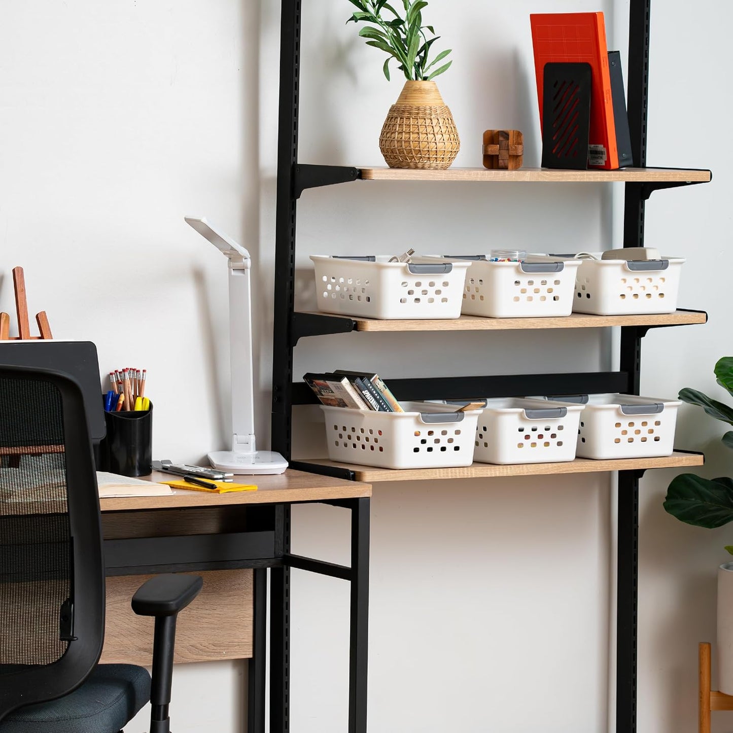 IRIS USA Plastic Basket, 6-Pack, Medium, Shelves Storage Basket for Organizing Pantry, Cabinet, Bedroom, Closet, Laundry Room, Office, White