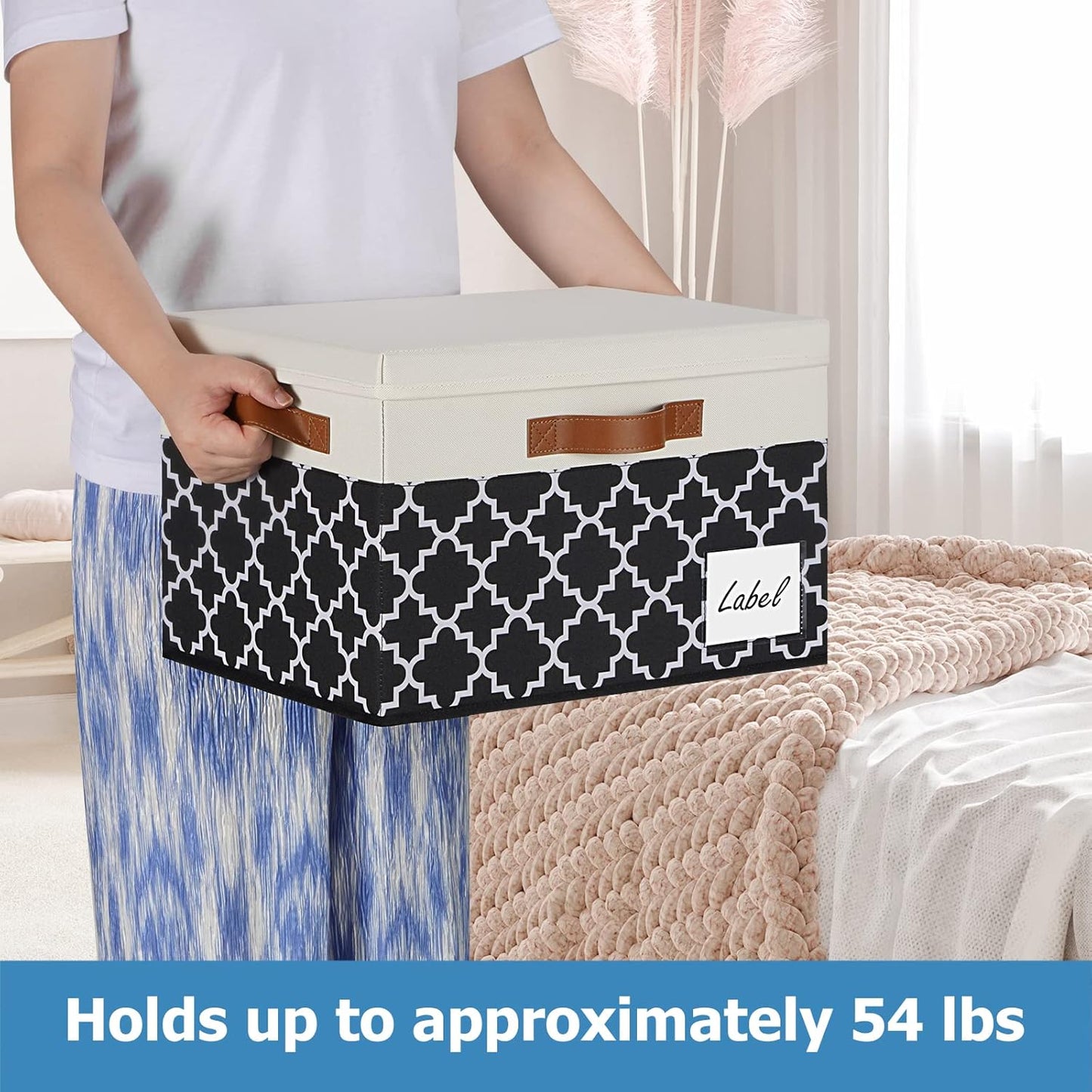 GhvyenntteS Extra Large Storage Bins with Lids, Foldable Fabric Storage Boxes with Lids and 3 Leather Handles, Sturdy Storage Baskets with Label Window (6 Pack, White&Lattice Black)