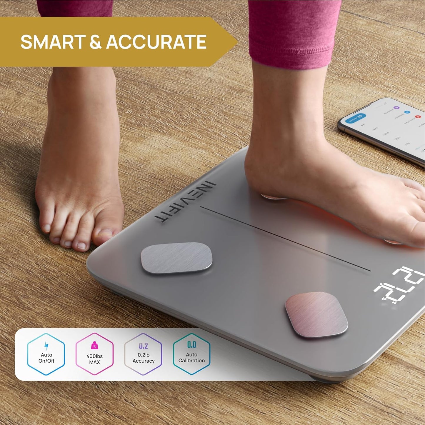 INEVIFIT Smart Body Fat Scale, Highly Accurate Bluetooth Digital Bathroom Body Composition Analyzer, Measures Weight, Body Fat, Water, Muscle, Visceral Fat & Bone Mass for Unlimited Users (Eco-SIL)