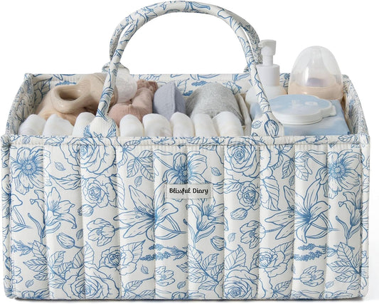 Blissful Diary Floral Diaper Caddy Organizer, Stylish Nursery Storage Basket, Gift for Baby Shower, Baby Registry Must Have, Newborn Essentials, Blue Floral