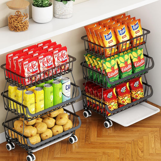 Miyawell 3-Tier Rolling Pantry Cart with Wheels, Stackable Wire Storage Floor Organizer for Kitchen Pantry Snack Shelves, Fruit Basket Stand, Vegetable Storage Rack for Food Snacks Onion Potato