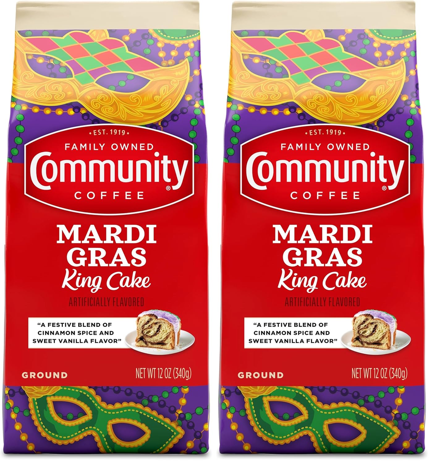 Community Coffee Mardi Gras King Cake Flavored 12 Ounces, Medium Roast Ground Coffee, 12 Ounce Bag (Pack of 2)