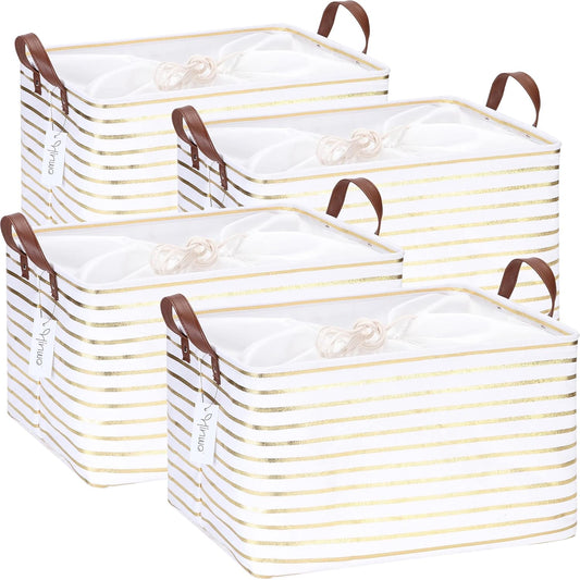 Hinwo 31L Large Storage Bins, 4-Pack Closet Organizers and Storage, Foldable Clothes Storage Baskets with Handles, Containers for Clothing, Blanket, Towels, Toys, Bedding (Gold Stripe)