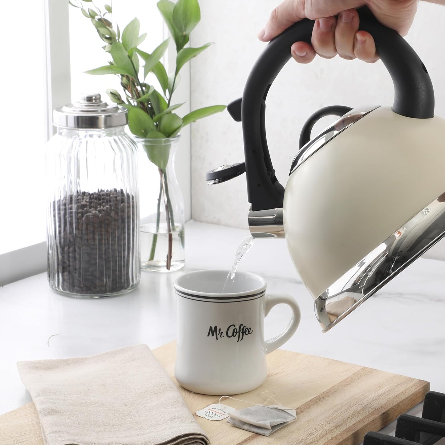 Mr. Coffee Clarefield 2.4 Qt Whistling Tea Kettle – Linen White Stovetop Water Kettle with Lid, Heat-Resistant Nylon Handle and Knob, Stainless Steel Trim