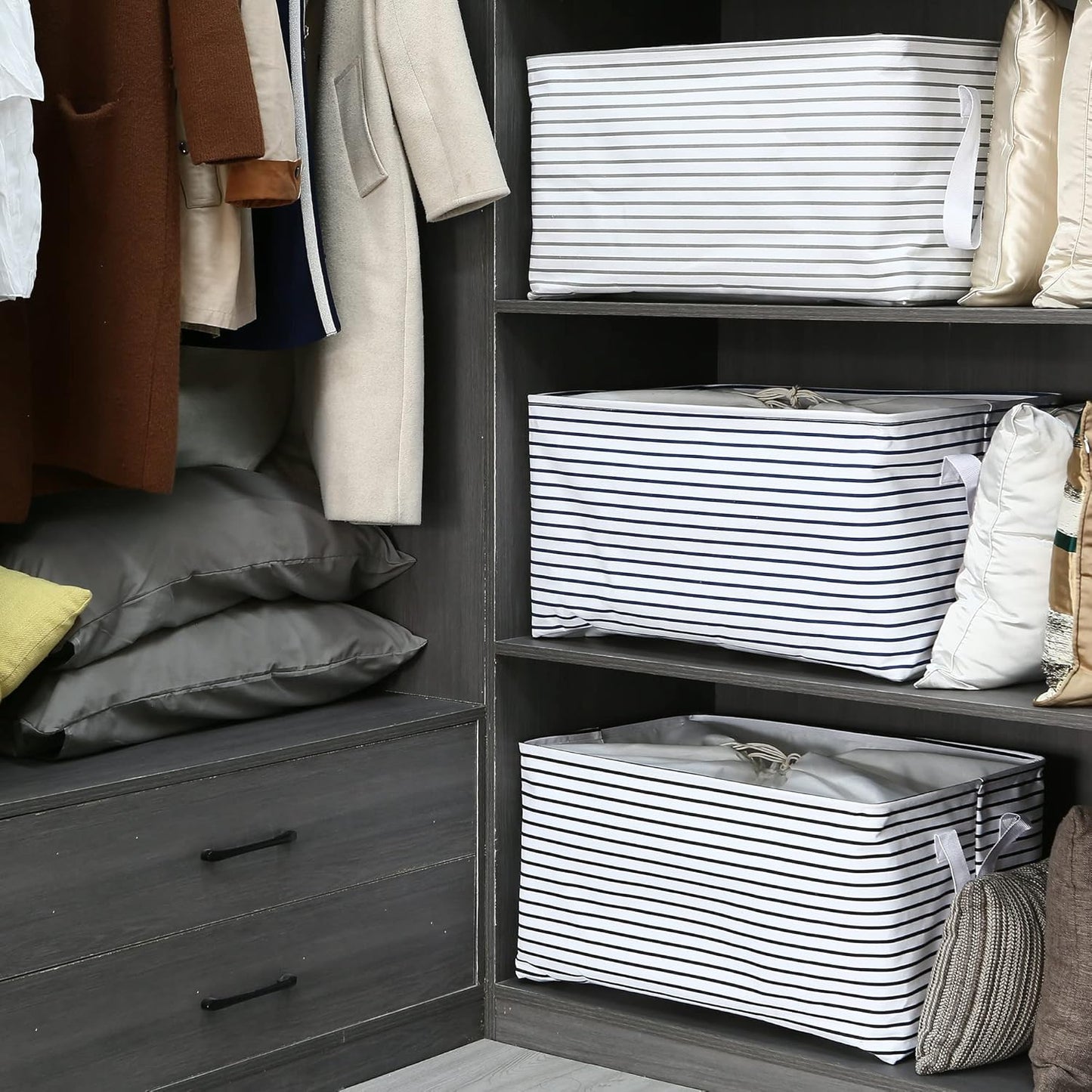 Hinwo 102L XXL Storage Bins, 2-Pack Closet Organizers and Storage, Foldable Clothes Storage Baskets with Handles, Containers for Clothing, Blanket, Comforters, Toys, Bedding (Black Stripe)