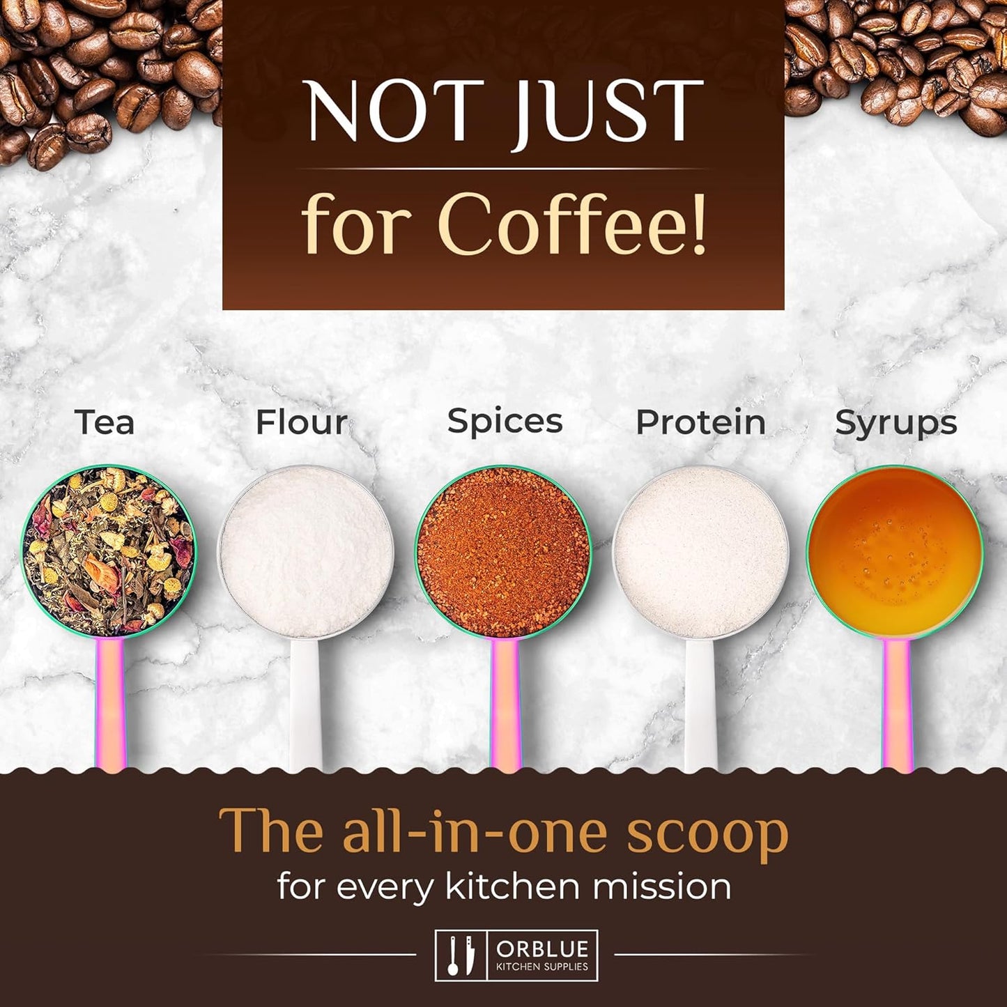 Orblue Premium Coffee Scoop Set - 1 Tbsp (15ml) & 2 Tbsp (30ml) Measuring Tablespoon - Stainless Steel Coffee Measuring Spoon and Scooper with Long Handles - Pack of 2 Black