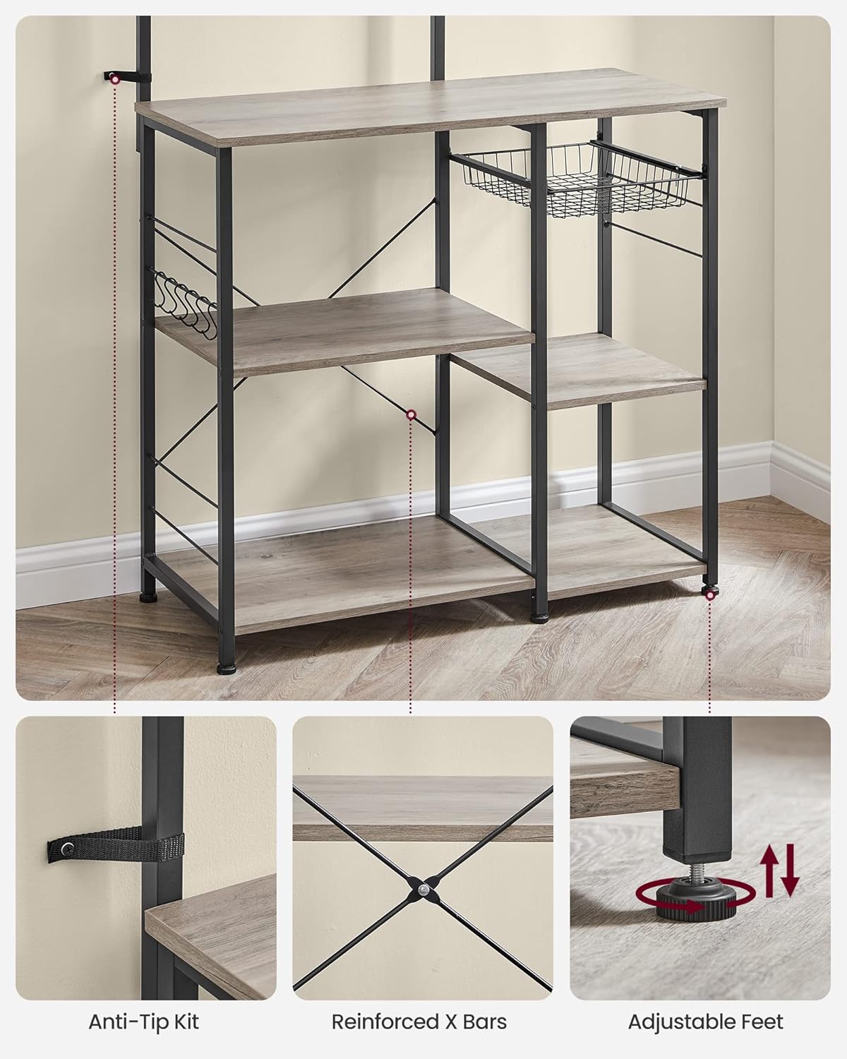 VASAGLE Baker's Rack, Microwave Stand, Kitchen Storage Rack with Wire Basket, 6 Hooks, and Shelves, for Spices, Pots, and Pans, Heather Greige and Ink Black UKKS035B02