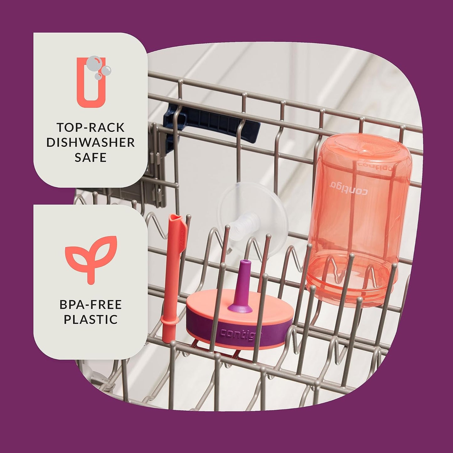 Contigo Kids’ Leighton Straw Tumbler with Spill-Proof Leak-Proof Lid 14oz Coral/Grape