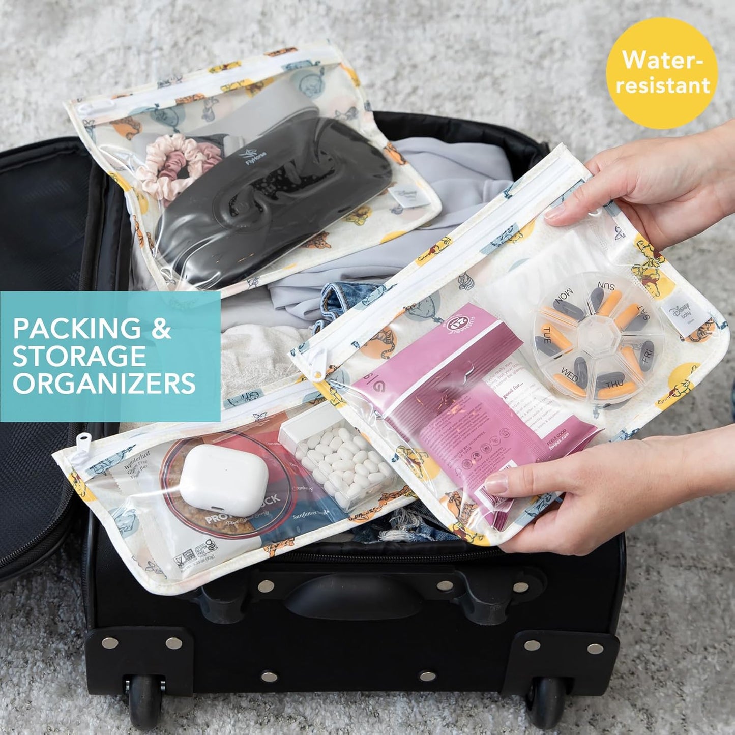 Bumkins Disney Travel Bag, Toiletry, TSA Approved Pouch, Zip Bag, Quart Size Airline Compliant, Clear-Sided, Baby, Diaper Bag Organization, Accessories, Packing, Set of 3 Sizes, Winnie the Pooh