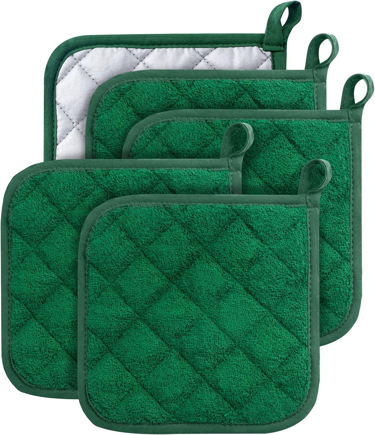 100% Cotton Kitchen Everyday Basic Terry Pot Holder Heat Resistant Coaster Potholder for Cooking and Baking Set of 5 Dark Green
