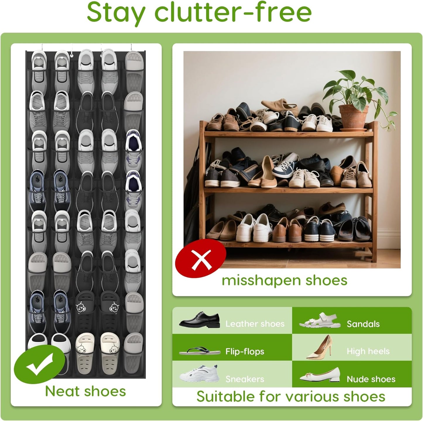 Unjumbly Over the Door Shoe Organizer with 40 Large Breathable Mesh Pockets, Space Saving Shoe Holder, Hanging Shoe Rack for Entryway Bedroom Closet Storage (Black, 80 Pockets)