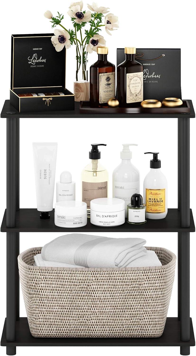 Furinno TURN-N-TUBE Storage Shelves, 3-Tier Book Shelf, Corner Shelf, Toolless Open Shelves, for Organization and Storage, Living Room, Garage, Home Office, Espresso