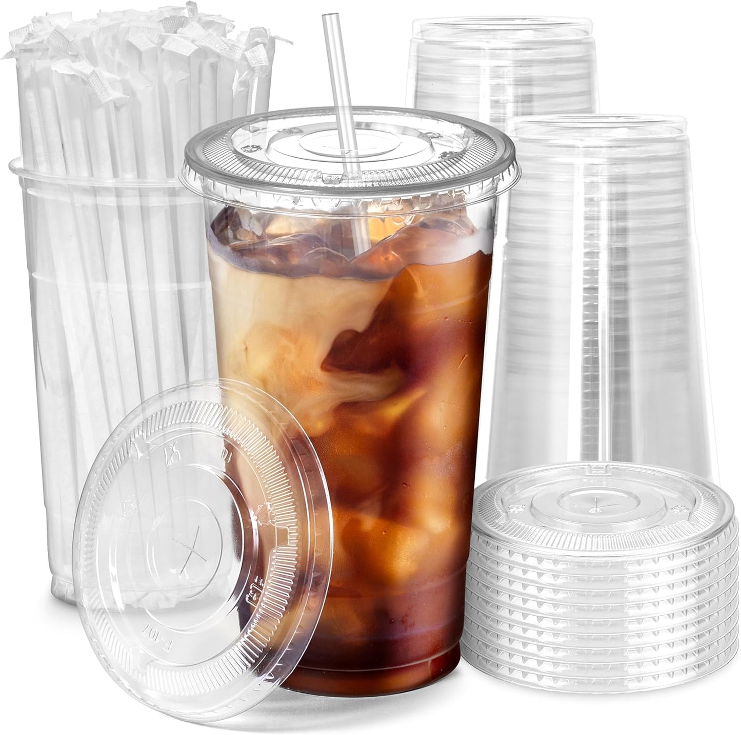 Fit Meal Prep 100 Pack 32 oz Plastic Iced Coffee Cups with Flat Lids and Clear Straws, Disposable Clear Cup, BPA Free Cup for Party, Smoothie, Cold Drinks, Juice, Milkshake, Bubble Boba, Tea
