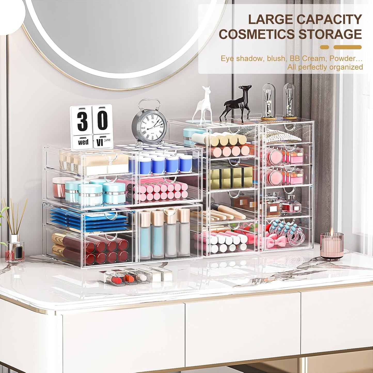 Makeup Organizer Storage With 16 Drawers, 4 Pcs Desktop Office Supplies, Desk Organizers, Clear Accessories, Dustproof Storage Drawer and for Make Up, Jewelry, Pen, Stationary