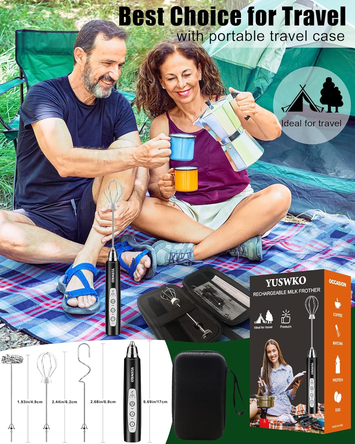 YUSWKO Rechargeable Milk Frother Handheld Frother Wand Drink Mixer for Coffee, Electric Whisk 3 Speed Adjustable, Coffee Foamer Maker with 3 Stainless Whisks Ideal Stirrers for Travel - Black