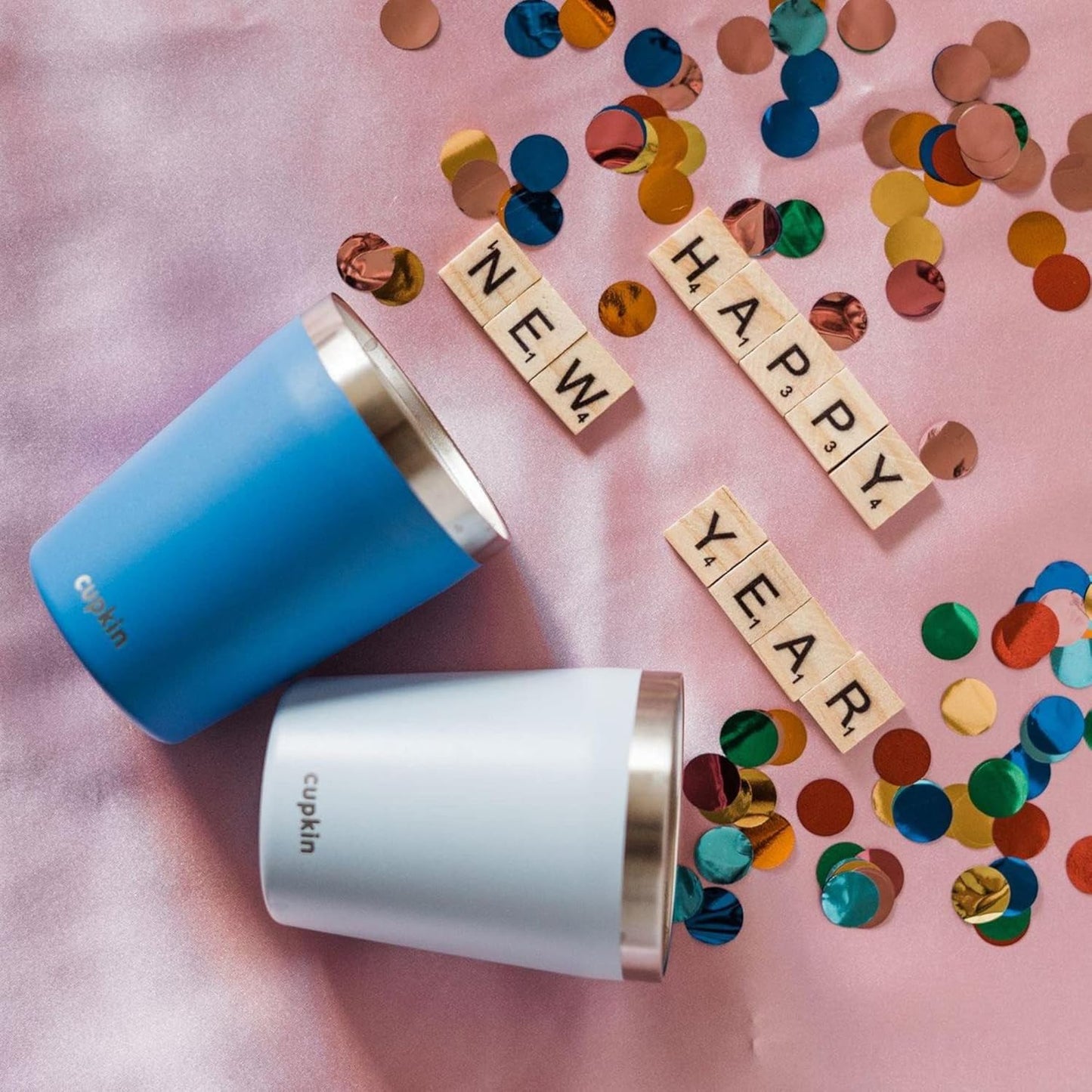 CUPKIN Kids Cup, The Original 8 oz Stackable Stainless Steel Kid Cups, Set of 2 Powder Coated Insulated Sippy Cup for 1+ Year Old Toddlers & BPA Free Lids & Reusable Silicone Straws (Blue + Gray)