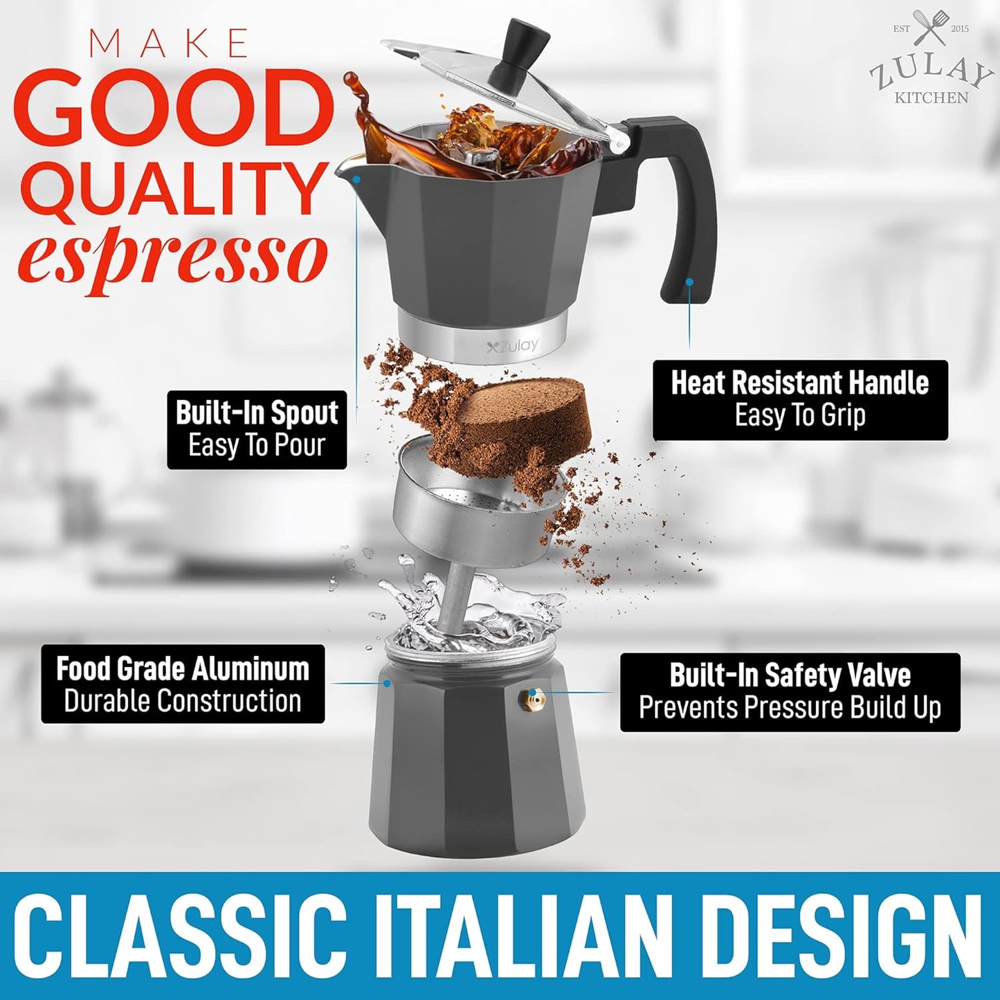 Zulay Classic Italian Style 6 Espresso Cup Moka Pot, Classic Stovetop Espresso Maker for Great Flavored Strong Espresso, Makes Delicious Coffee, Easy to Operate & Quick Cleanup Pot (Dark Gray)