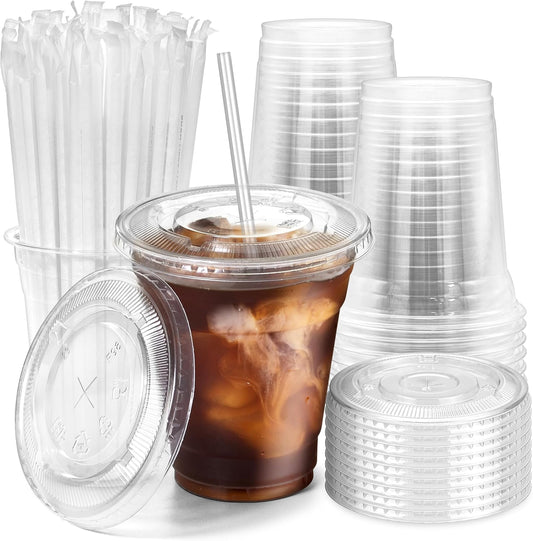 Fit Meal Prep 100 Pack 12 oz Plastic Iced Coffee Cups with Flat Lids and Clear Straws, Disposable Clear Cup, BPA Free Cup for Party, Smoothie, Cold Drinks, Juice, Milkshake, Bubble Boba, Tea