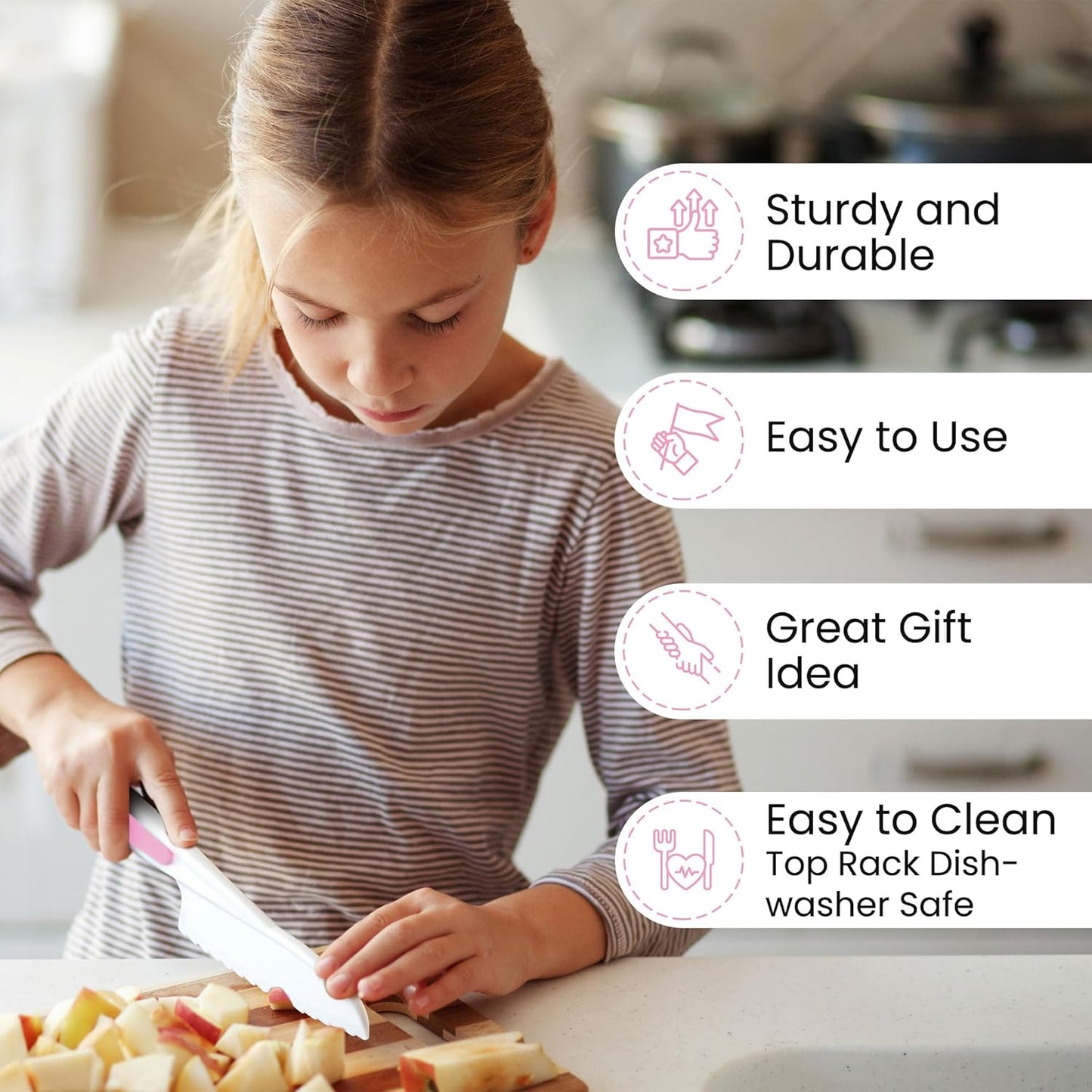 Zulay 3-Piece Kids Knife Set for Real Cooking & Baking - Toddler Knives for Cutting Fruits, Veggies, & Cake - Children’s Montessori Knife with Serrated Edges - Safe & Fun Lettuce Knife (Pink)