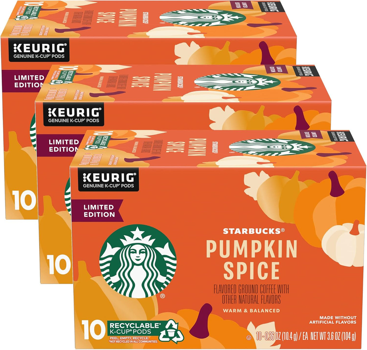 Starbucks Pumpkin Spice Coffee K-Cup Pods, Limited Edition, Made without Artificial Flavors, Keurig Genuine K-Cup Pods, 10 CT K-Cups Per Box (Pack of 3 Boxes)