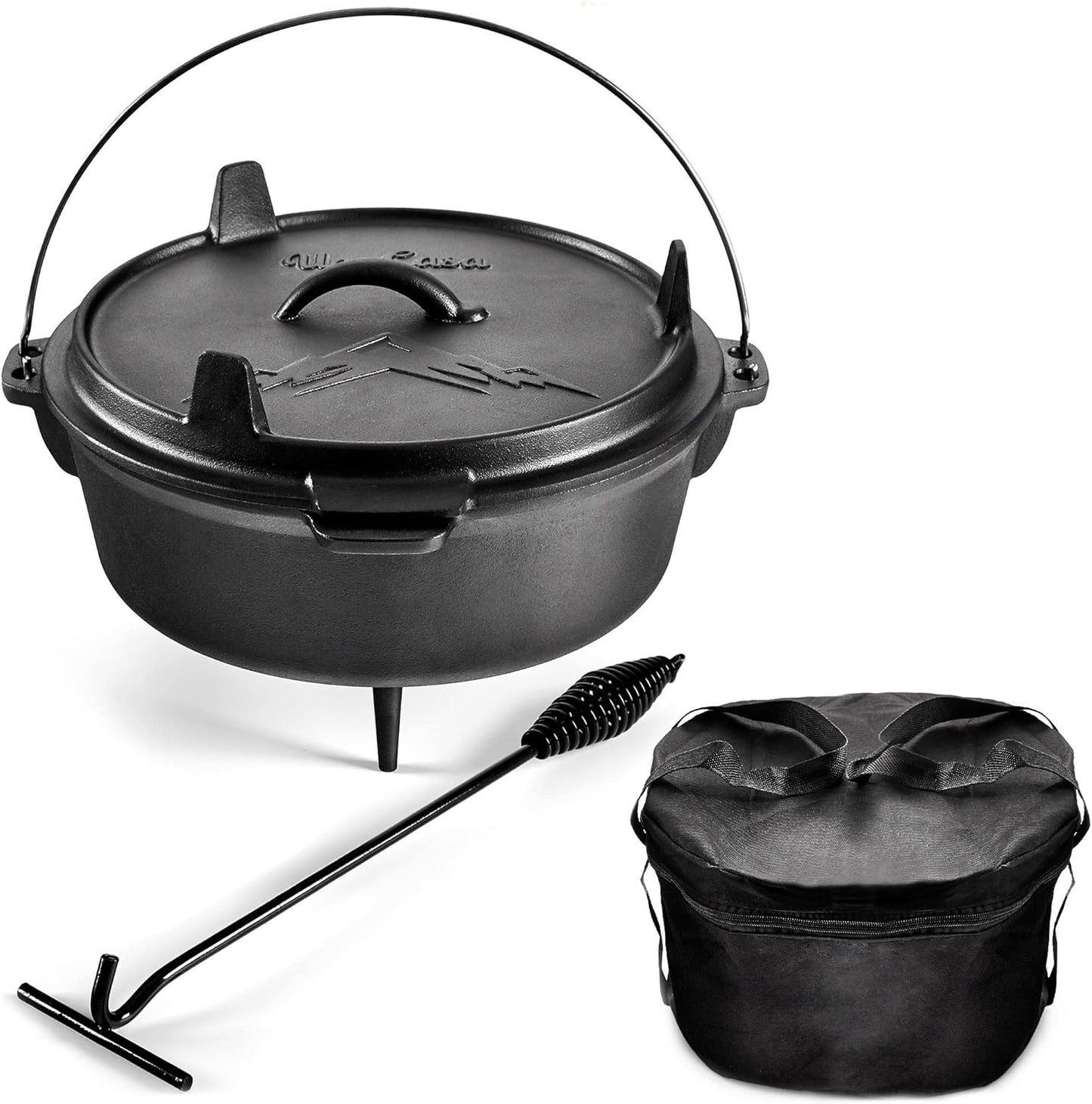 Uno Casa 6Qt Cast Iron Camping Dutch Oven with Lid Lifter and Storage Bag - Pre-Seasoned Outdoor Dutch Oven for Campfire Cooking, Stews, and Baking - Durable Cast Iron Pot for Camping and Hiking