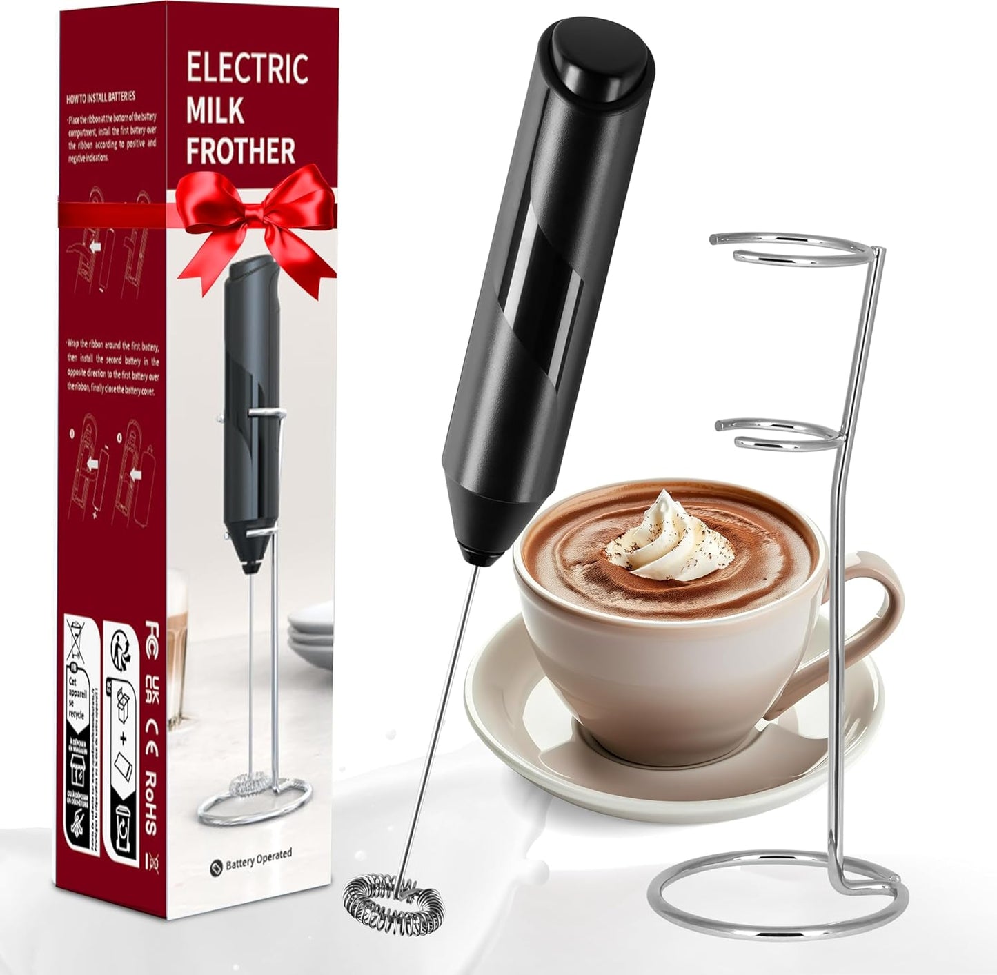 YSSOA Electric Milk Frother Handheld with Stainless Steel Stand Battery Operated Whisk Drink Mixer for Coffee, Frappe, Latte, Matcha, Black (Handheld, Black)
