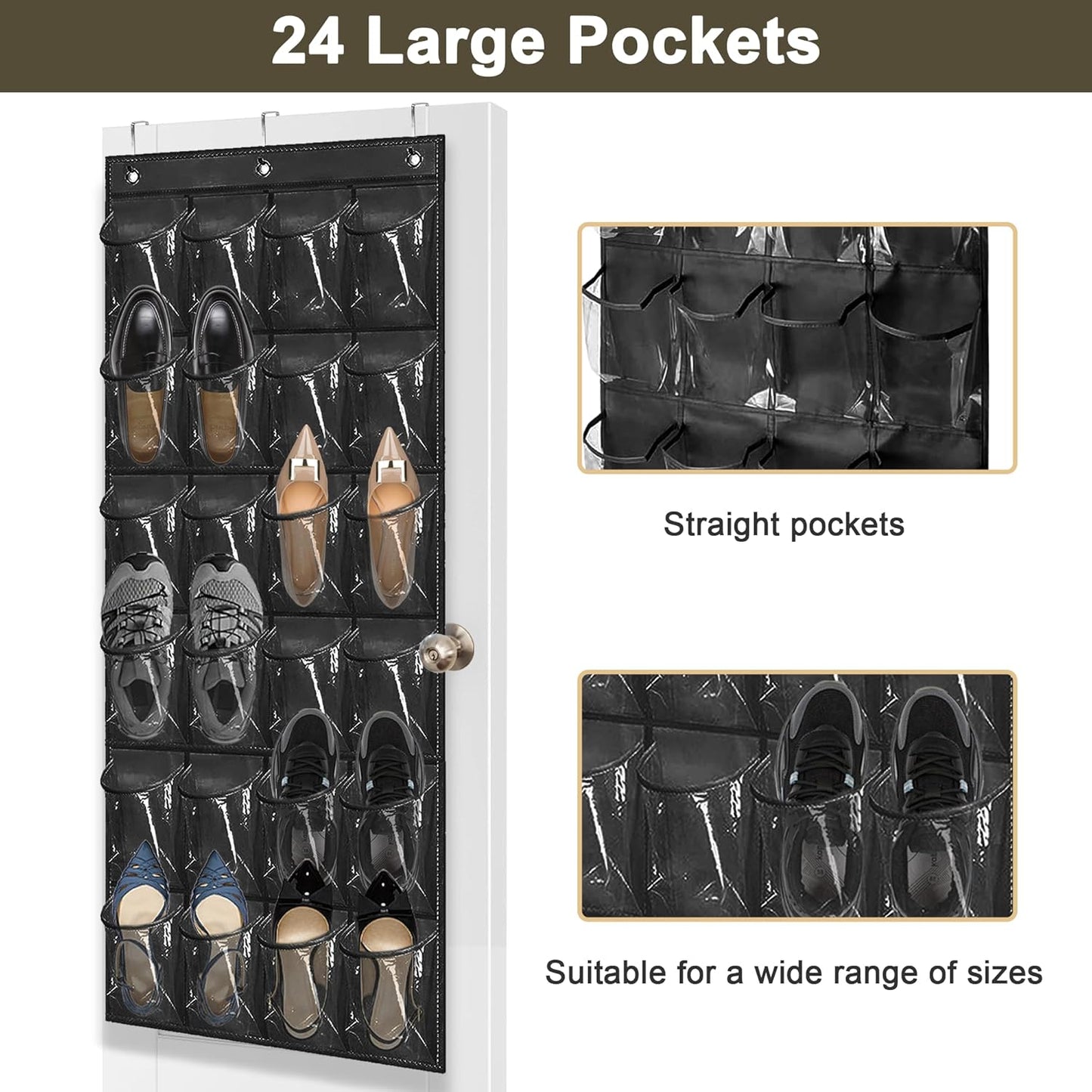 Over The Door Shoe Organizer - Space Saving Shoe Rack for Closet Door with 24 Pockets and Hook, Shoe Holder Back of Door Organizers for Shoes, Hanging Shoe Organizer (Black)